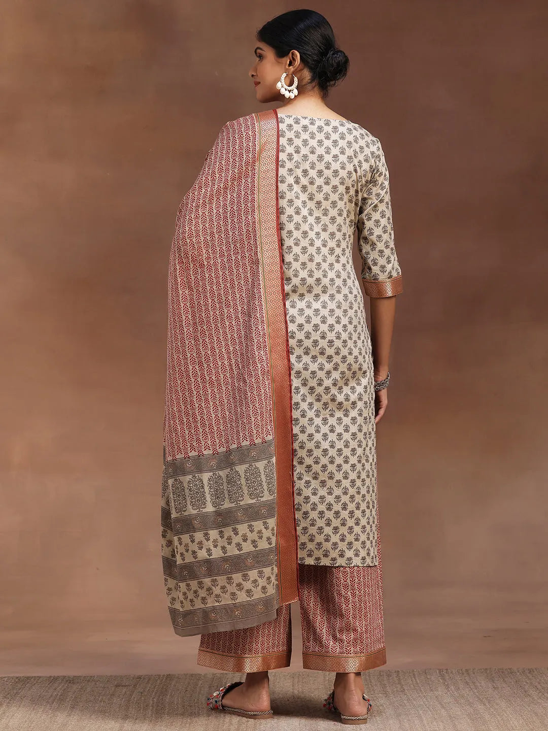 Beige Printed Cotton Straight Suit With Dupatta