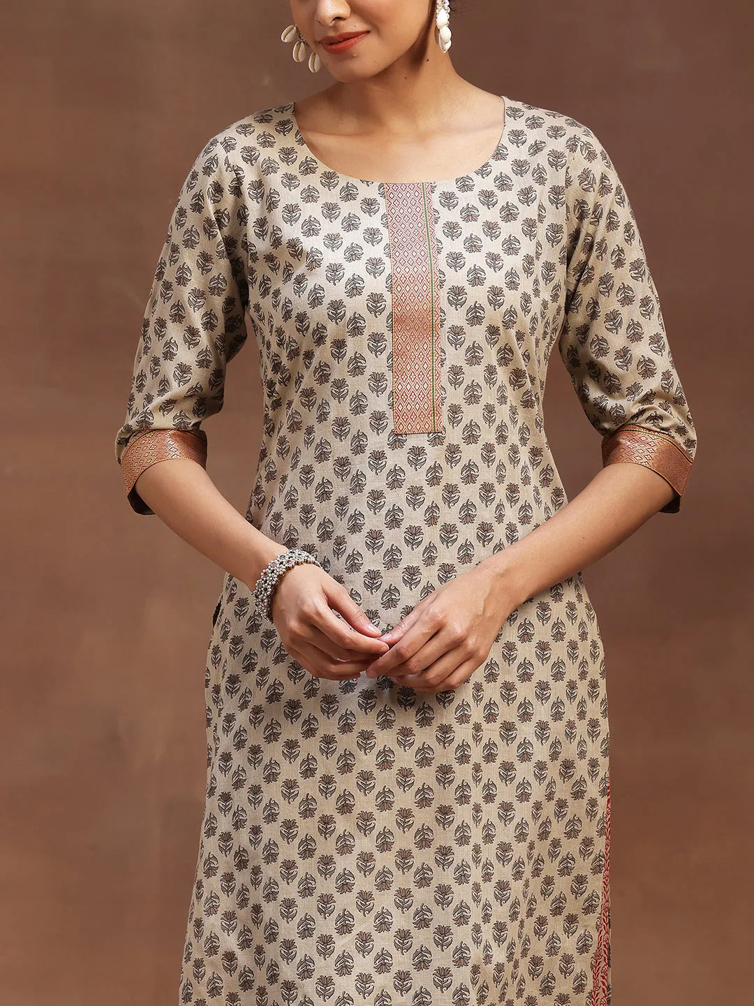 Beige Printed Cotton Straight Suit With Dupatta