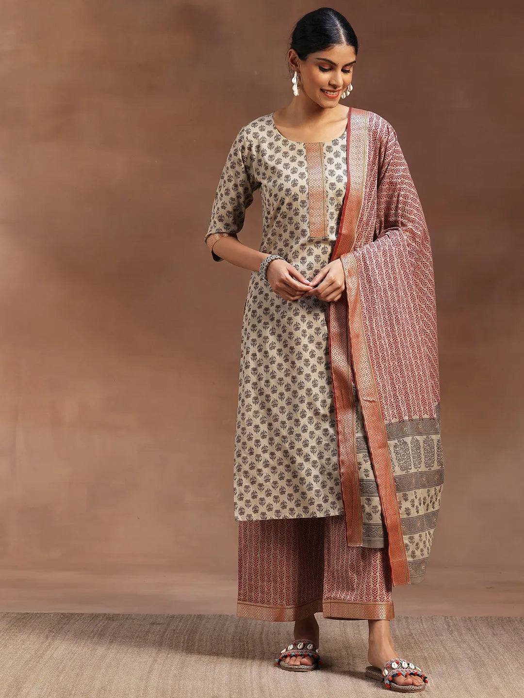 Beige Printed Cotton Straight Suit With Dupatta