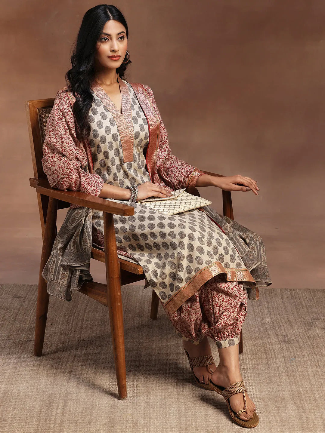 Beige Printed Cotton Straight Suit With Dupatta