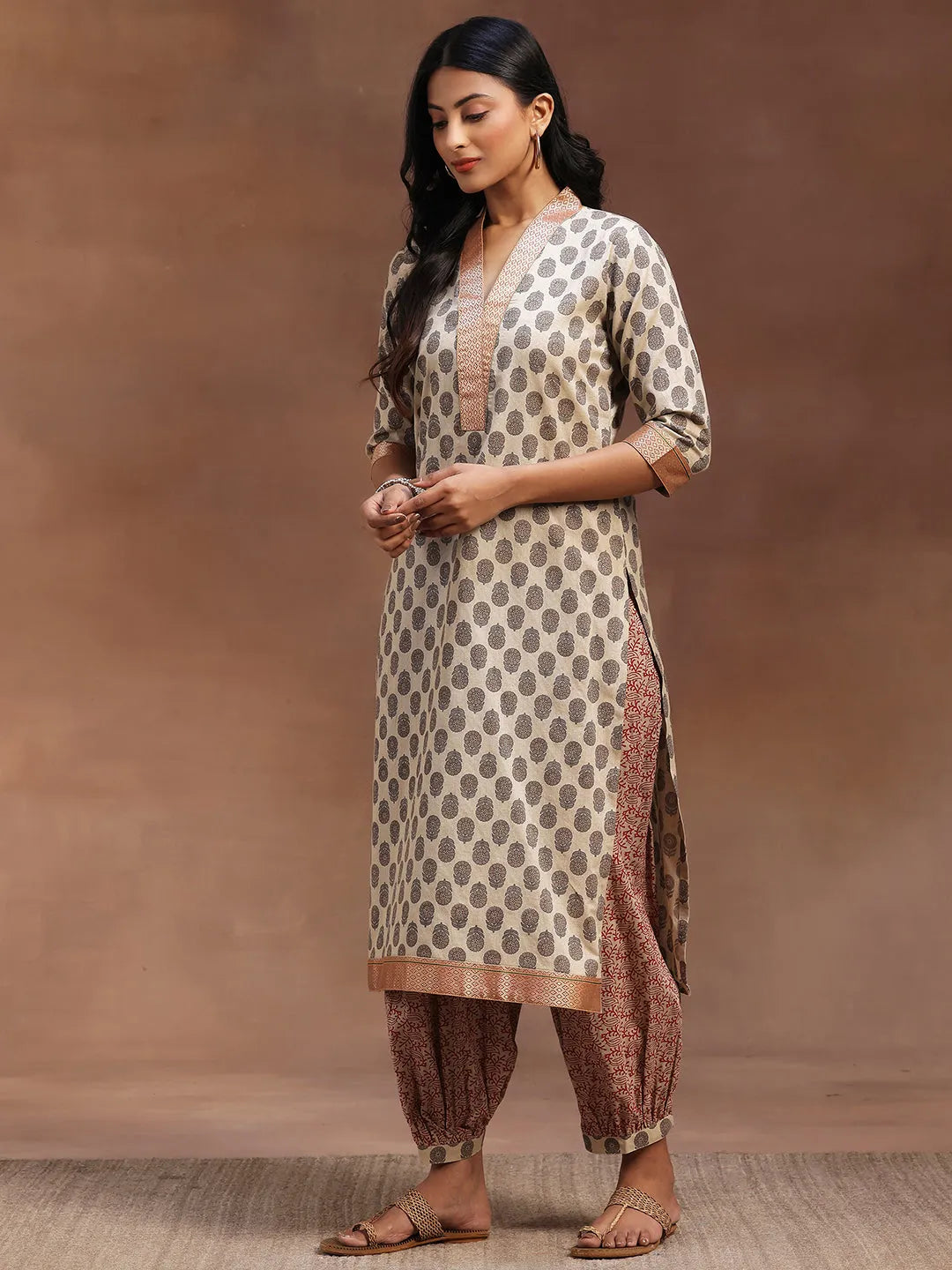 Beige Printed Cotton Straight Suit With Dupatta