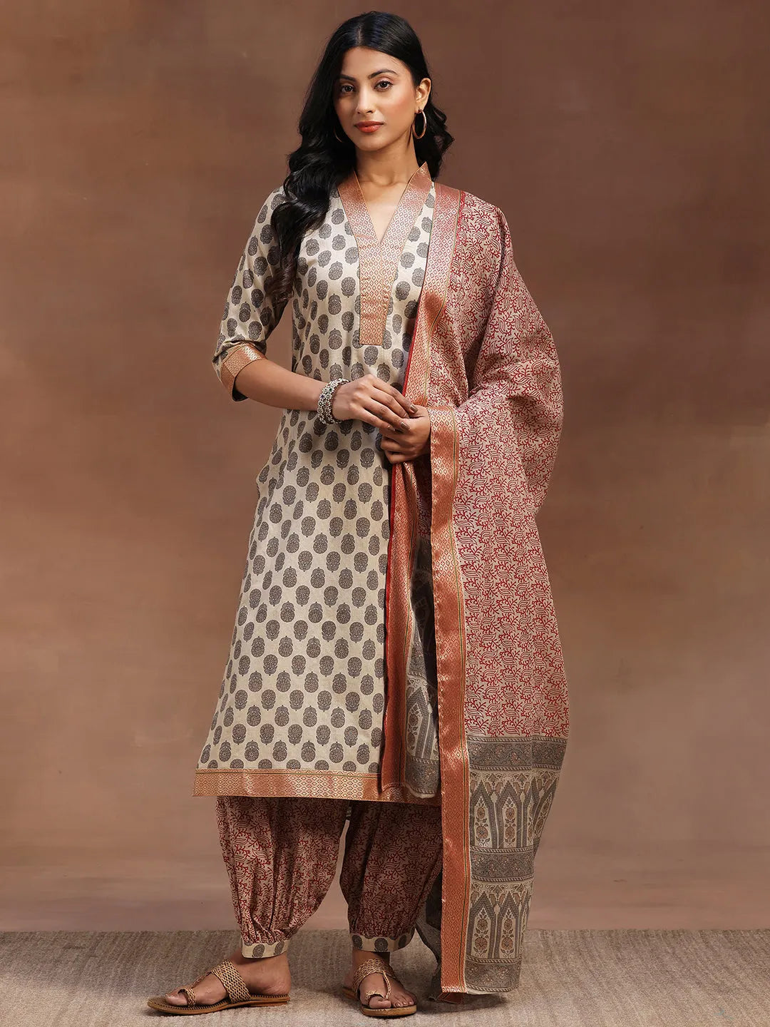 Beige Printed Cotton Straight Suit With Dupatta