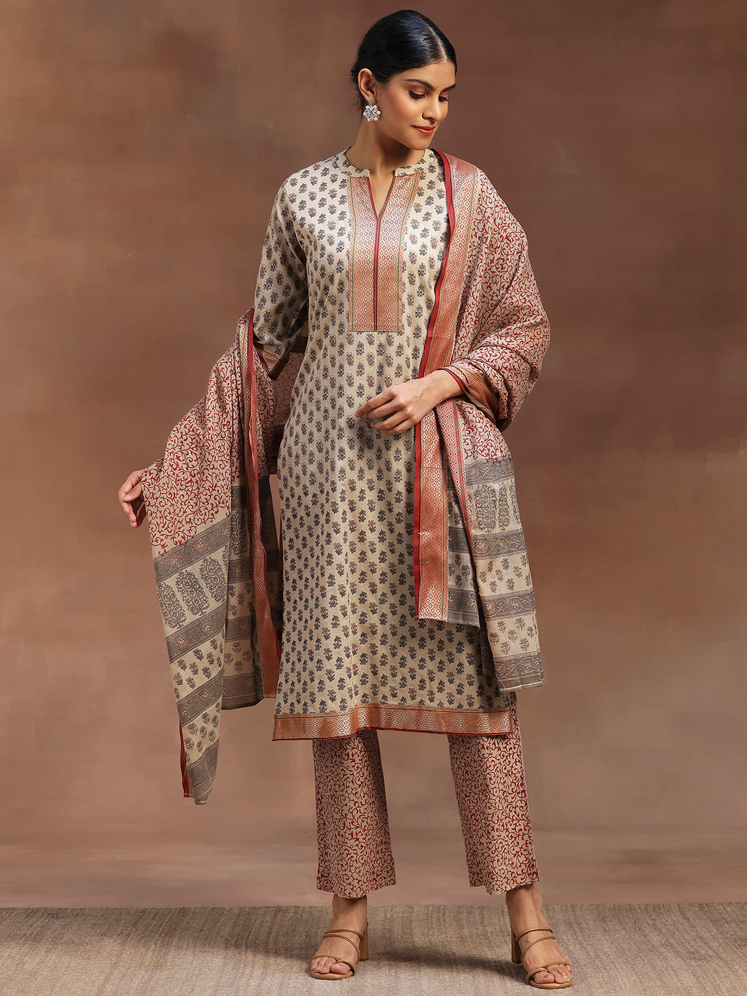 Beige Printed Cotton Straight Suit With Dupatta