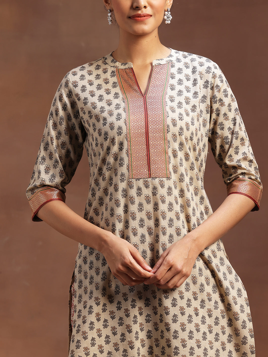 Beige Printed Cotton Straight Suit With Dupatta