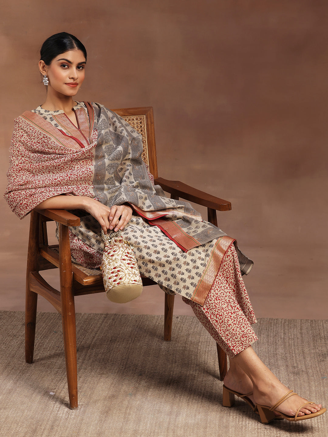 Beige Printed Cotton Straight Suit With Dupatta