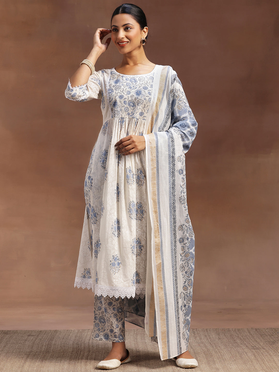 White Printed Cotton A-line Kurta With Trousers & Dupatta