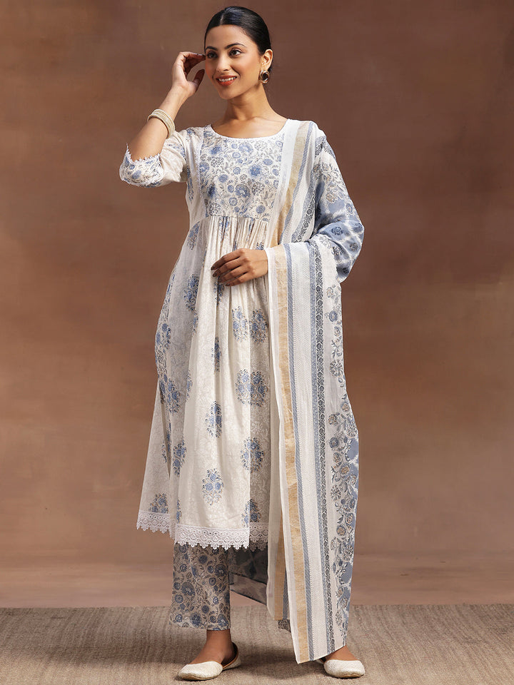 White Printed Cotton A-line Kurta With Trousers & Dupatta