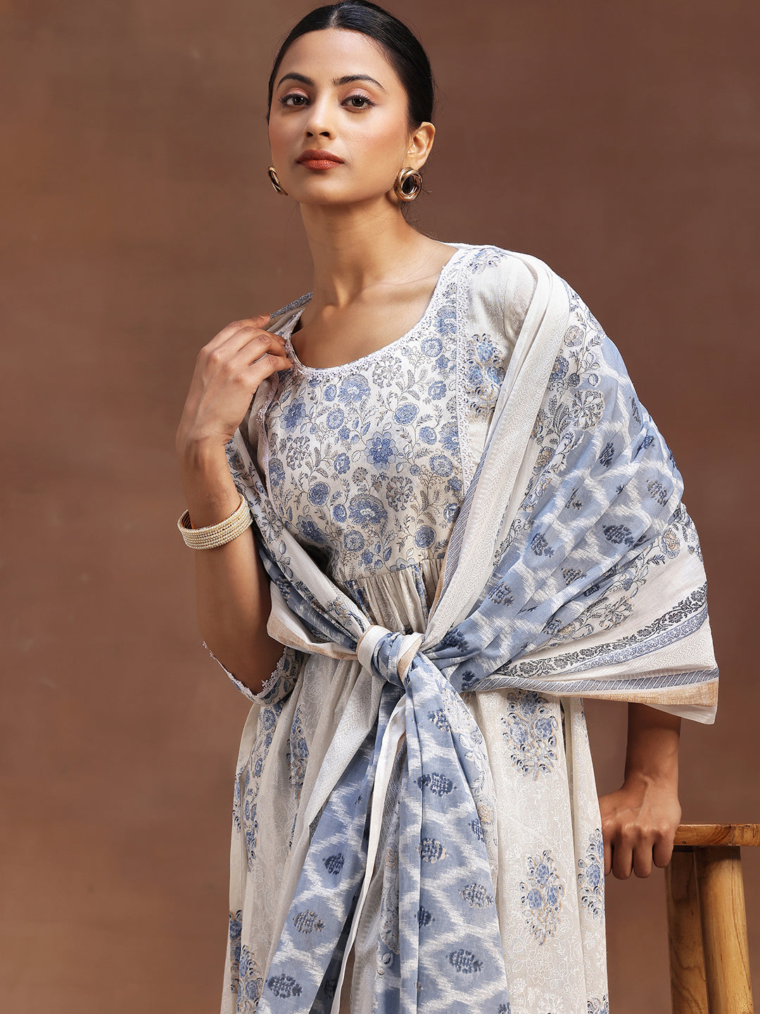 White Printed Cotton A-line Kurta With Trousers & Dupatta