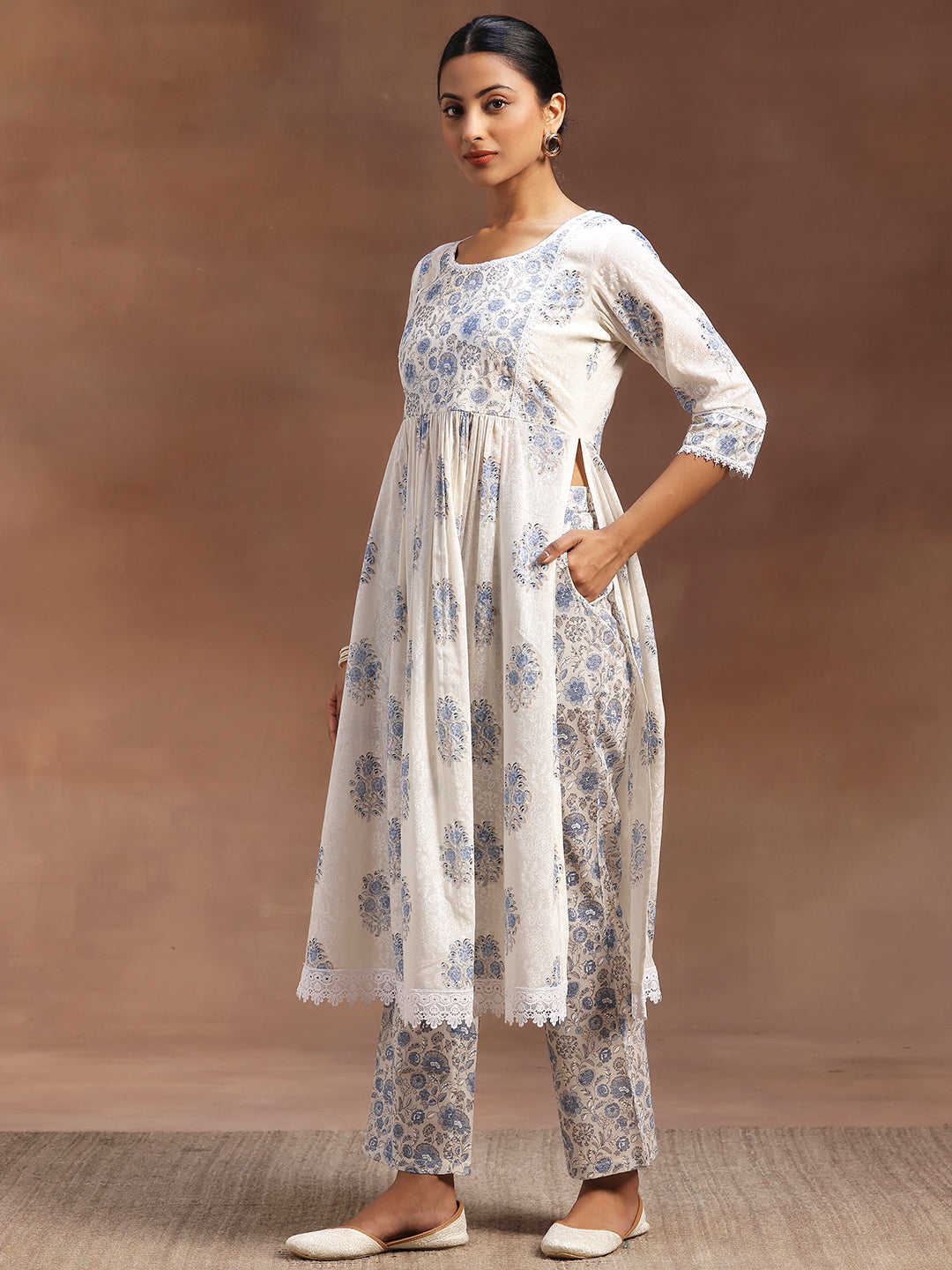 White Printed Cotton A-line Kurta With Trousers & Dupatta