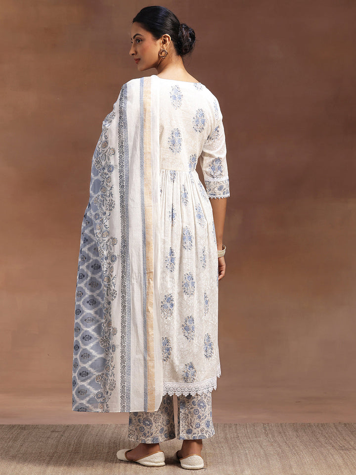 White Printed Cotton A-line Kurta With Trousers & Dupatta