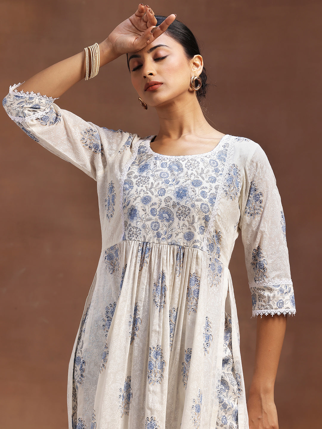 White Printed Cotton A-line Kurta With Trousers & Dupatta