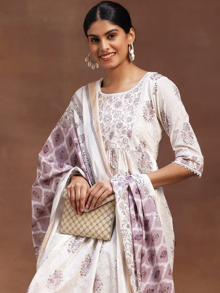 White Printed Cotton A-line Kurta With Trousers & Dupatta