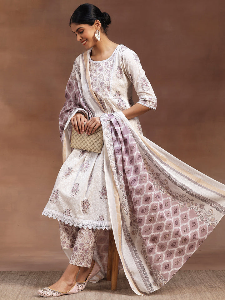 White Printed Cotton A-line Kurta With Trousers & Dupatta