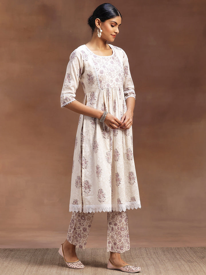 White Printed Cotton A-line Kurta With Trousers & Dupatta