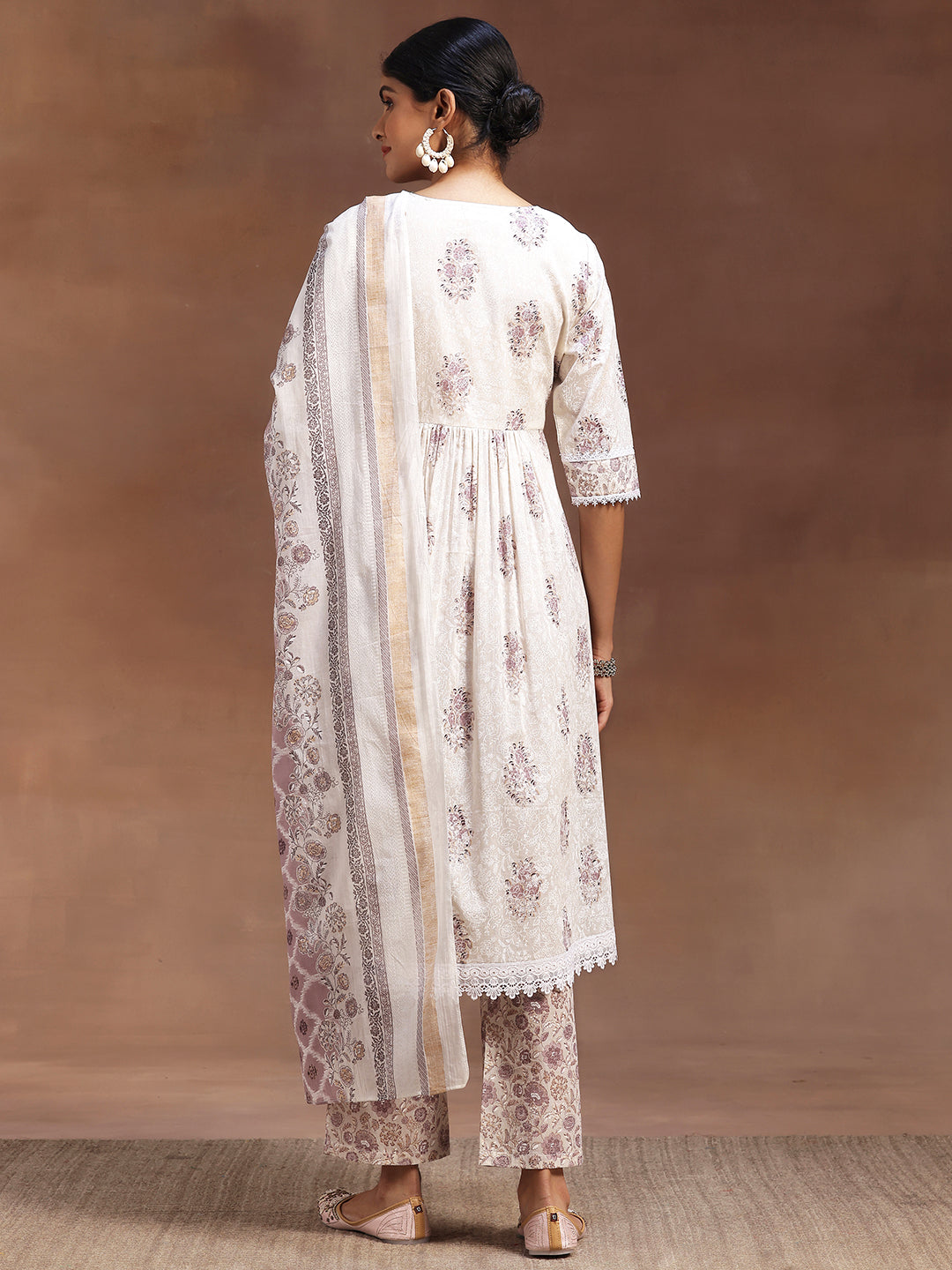 White Printed Cotton A-line Kurta With Trousers & Dupatta