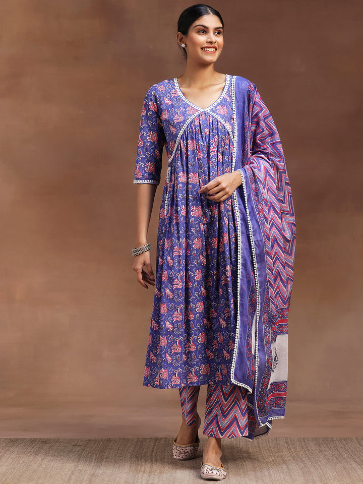 Purple Printed Cotton A-line Kurta With Trousers & Dupatta