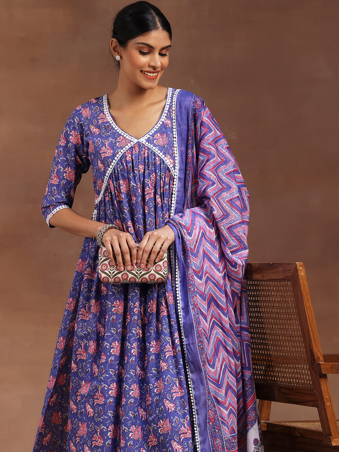 Purple Printed Cotton A-line Kurta With Trousers & Dupatta