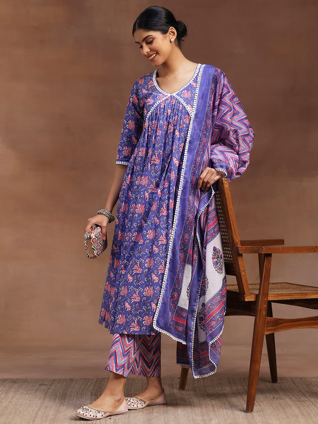 Purple Printed Cotton A-line Kurta With Trousers & Dupatta