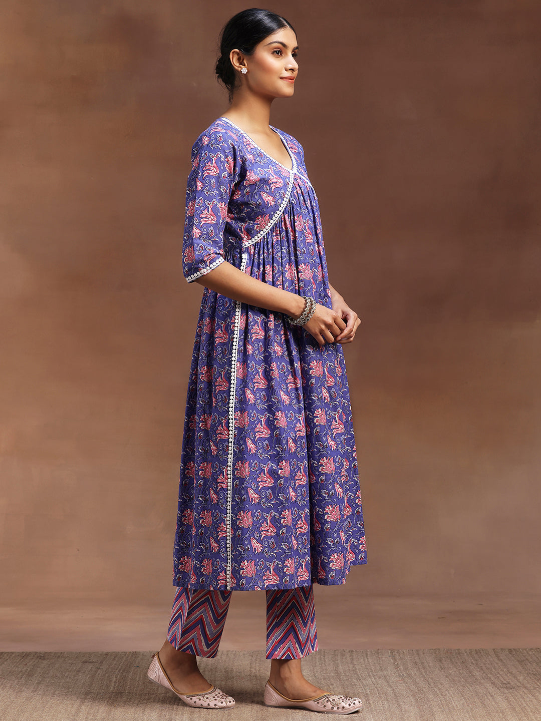 Purple Printed Cotton A-line Kurta With Trousers & Dupatta