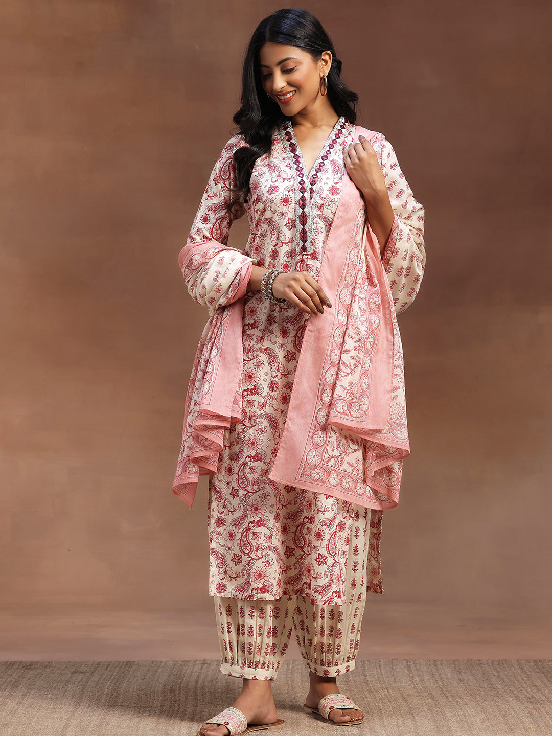 Pink Printed Cotton Straight Suit With Dupatta