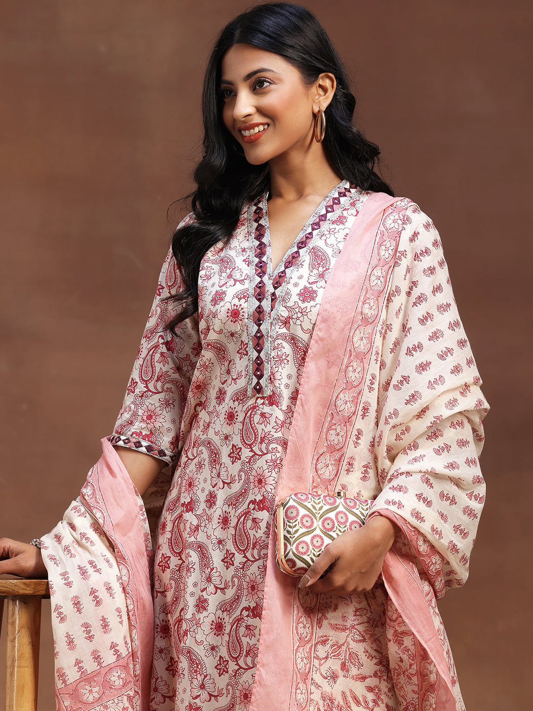 Pink Printed Cotton Straight Suit With Dupatta