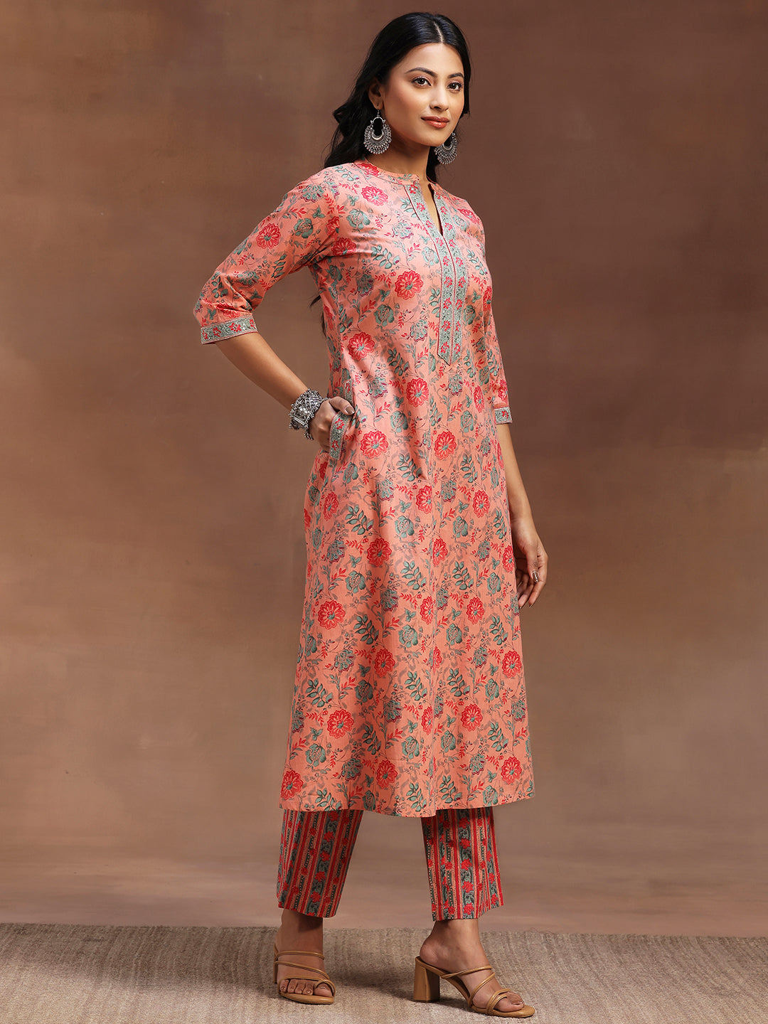 Peach Printed Cotton A-line Kurta With Trousers & Dupatta