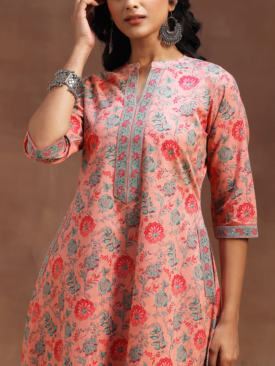 Peach Printed Cotton A-line Kurta With Trousers & Dupatta