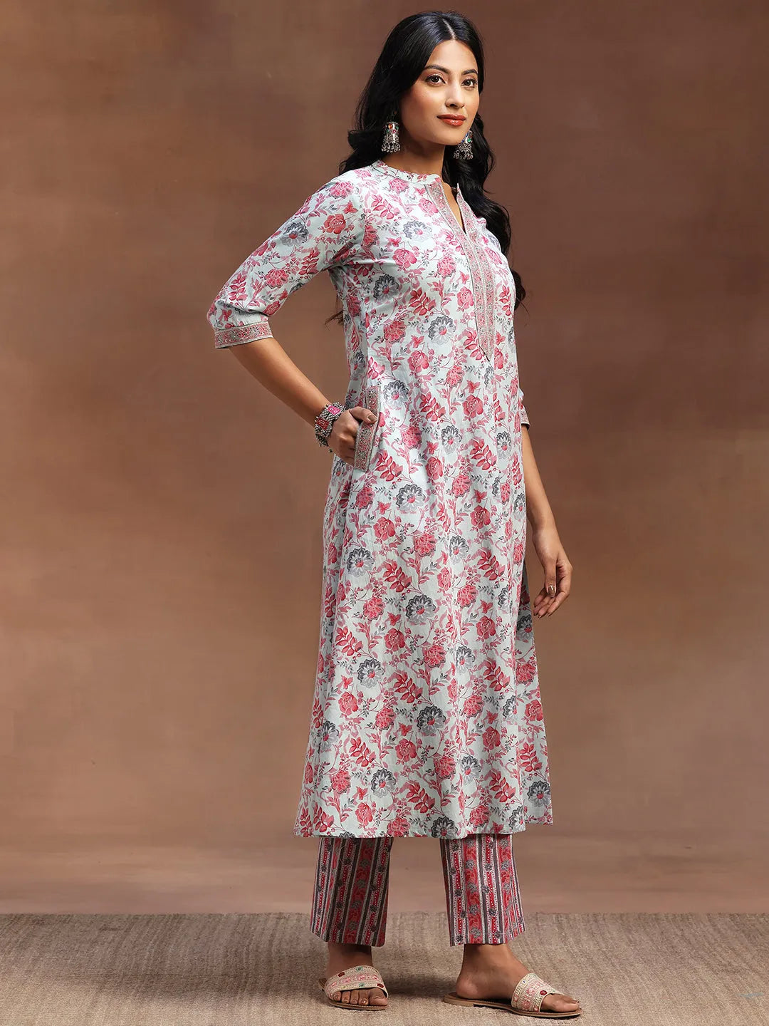 Light Blue Printed Cotton A-line Kurta With Trousers & Dupatta