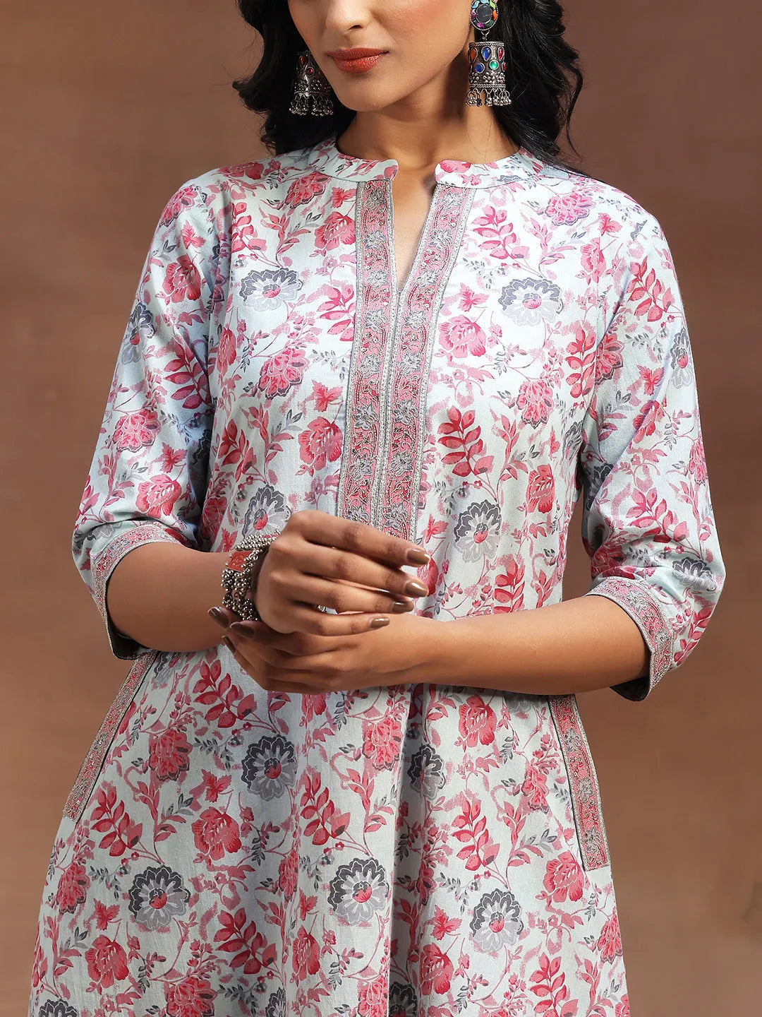 Light Blue Printed Cotton A-line Kurta With Trousers & Dupatta