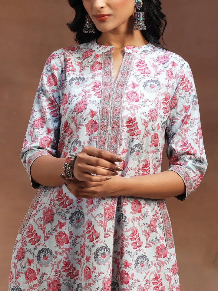 Light Blue Printed Cotton A-line Kurta With Trousers & Dupatta