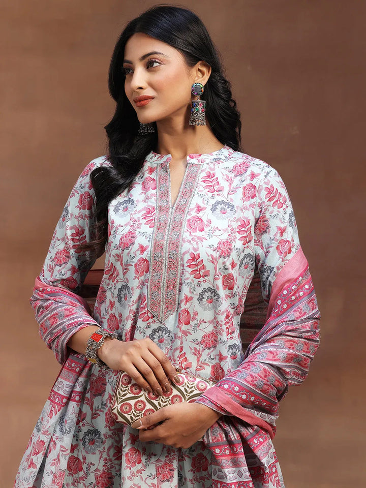 Light Blue Printed Cotton A-line Kurta With Trousers & Dupatta