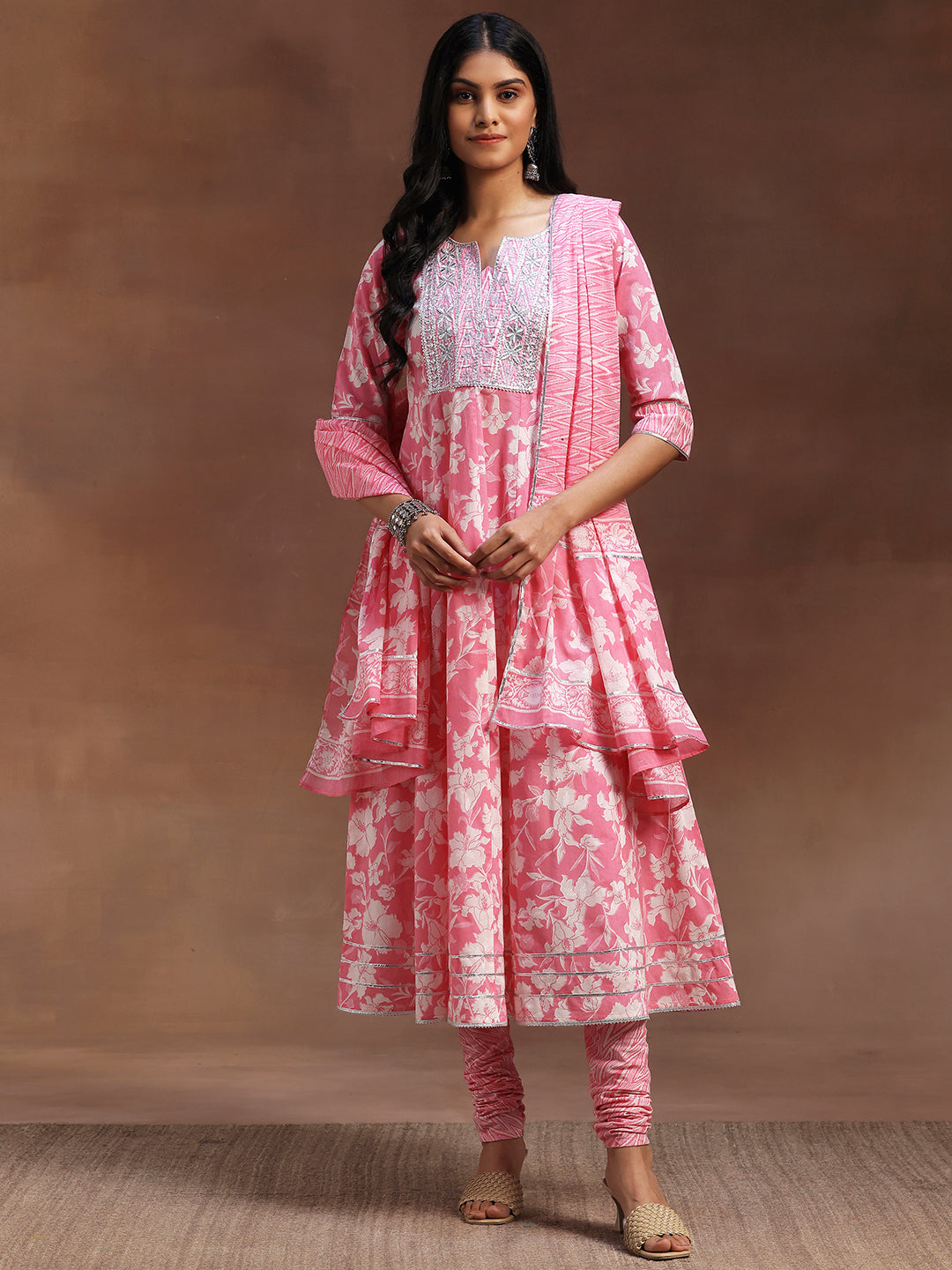 Pink Printed Cotton Anarkali Suit With Dupatta