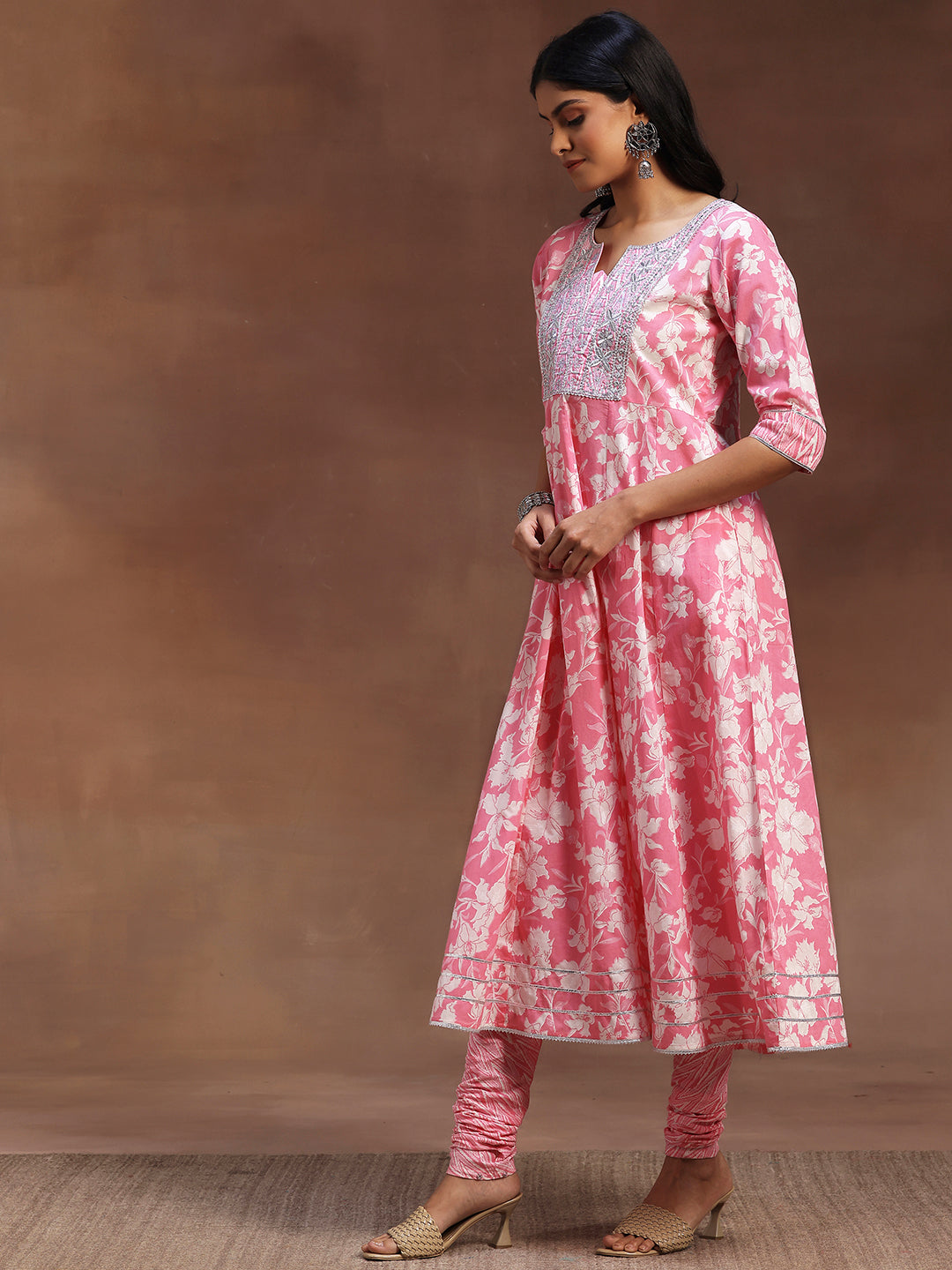 Pink Printed Cotton Anarkali Suit With Dupatta