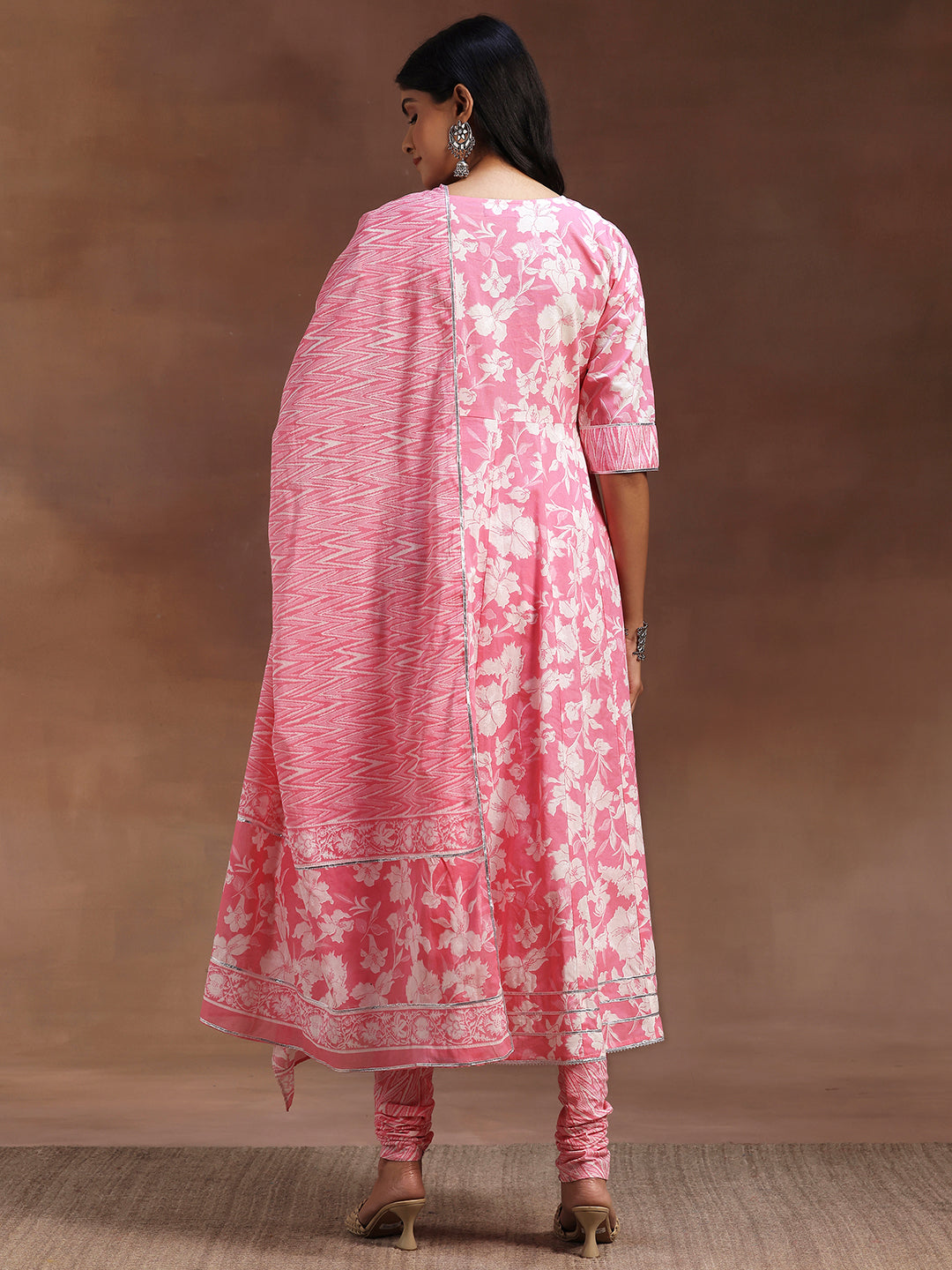 Pink Printed Cotton Anarkali Suit With Dupatta