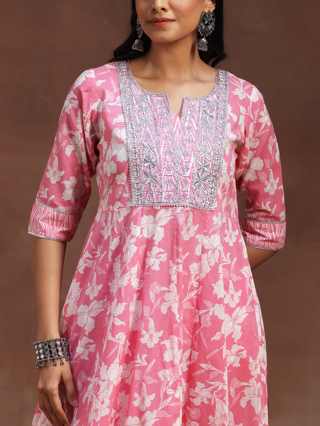 Pink Printed Cotton Anarkali Suit With Dupatta