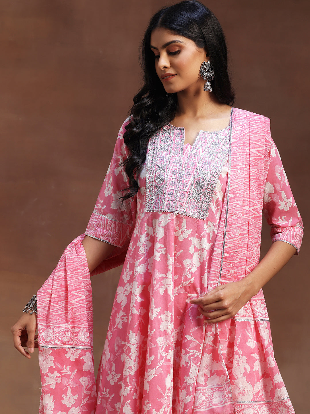 Pink Printed Cotton Anarkali Suit With Dupatta