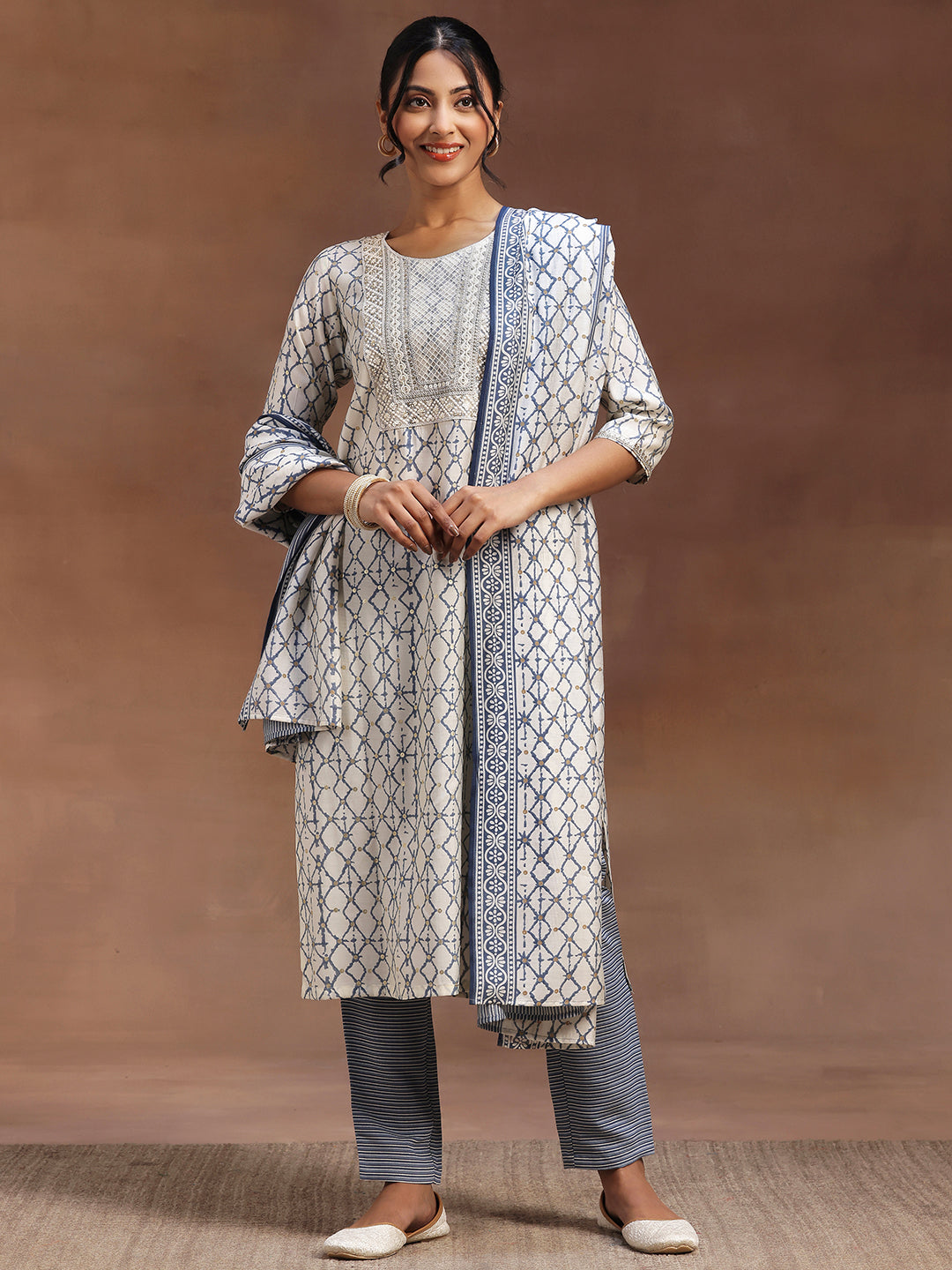 Off White Printed Silk Blend Straight Suit With Dupatta