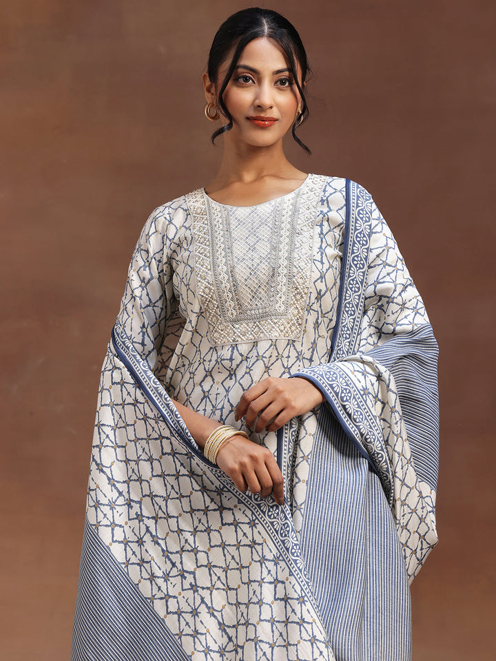 Off White Printed Silk Blend Straight Suit With Dupatta