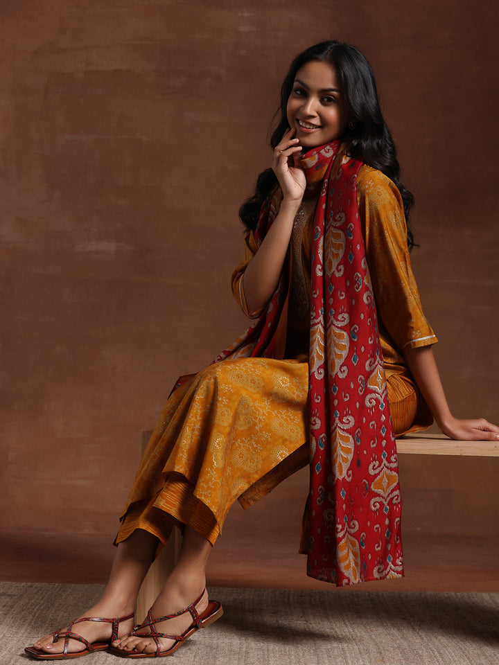 Mustard Printed Silk Blend Straight Suit With Dupatta