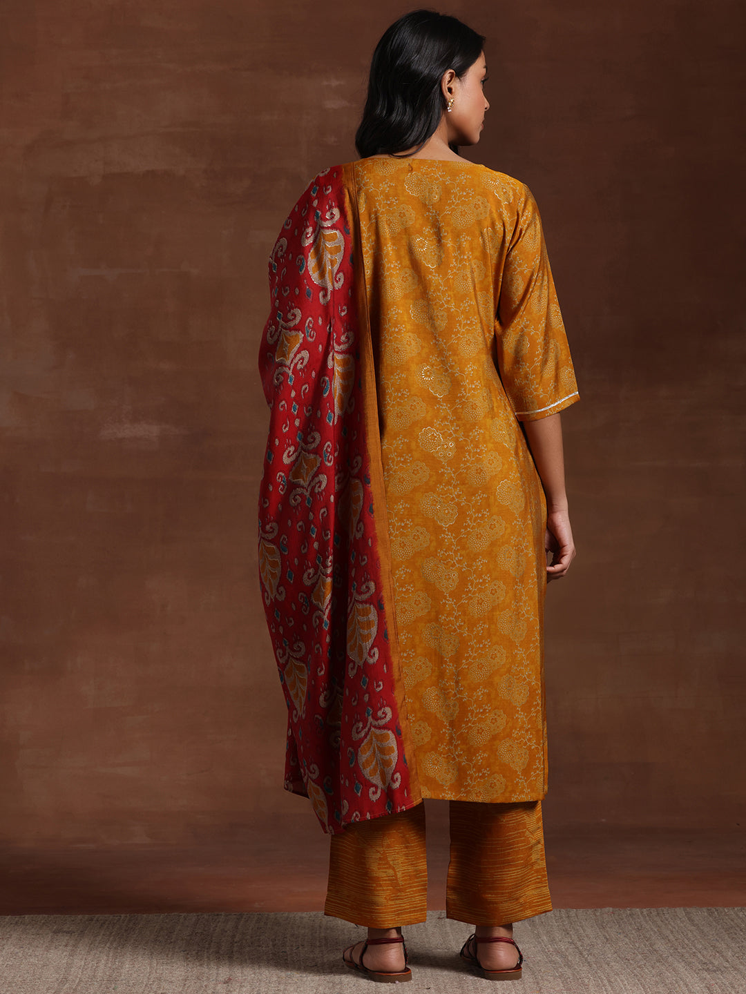 Mustard Printed Silk Blend Straight Suit With Dupatta