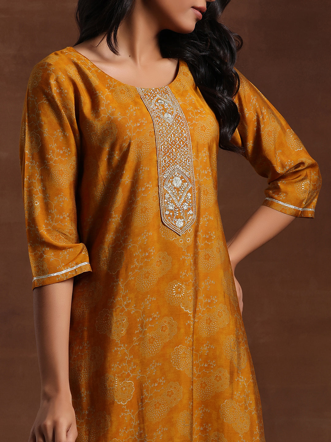 Mustard Printed Silk Blend Straight Suit With Dupatta