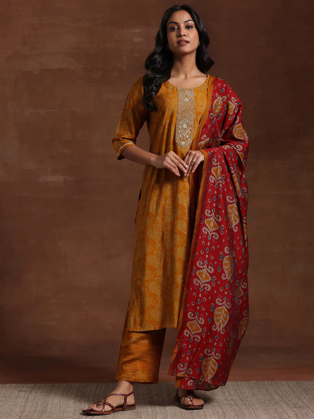 Mustard Printed Silk Blend Straight Suit With Dupatta