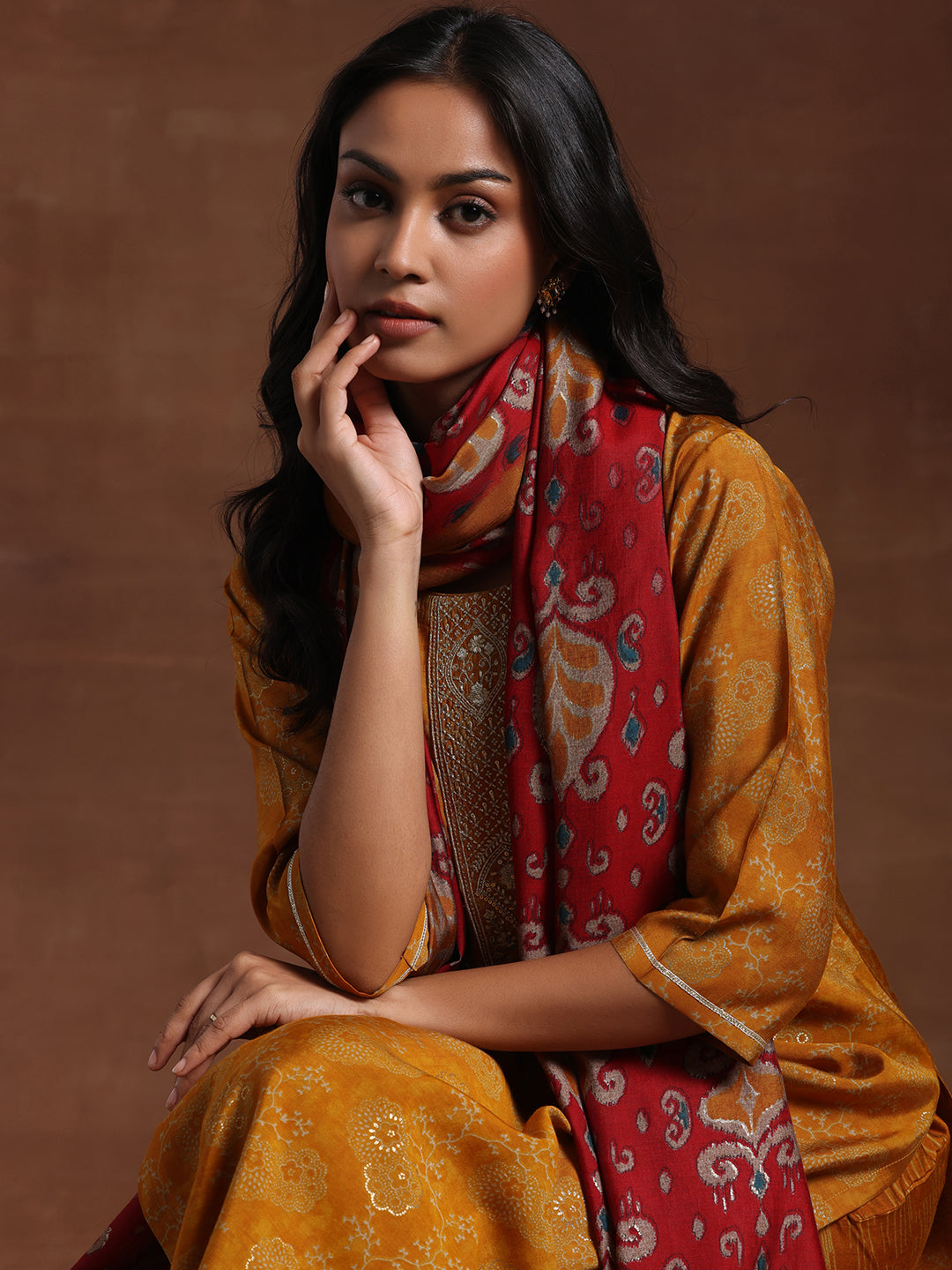 Mustard Printed Silk Blend Straight Suit With Dupatta