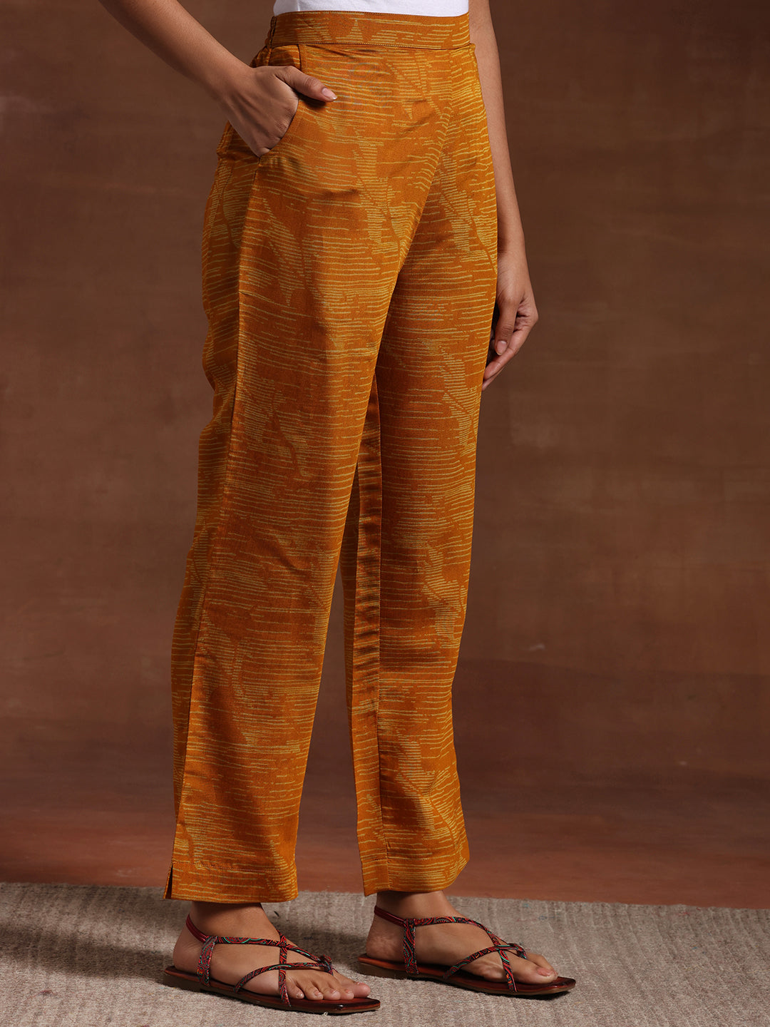 Mustard Printed Silk Blend Straight Suit With Dupatta