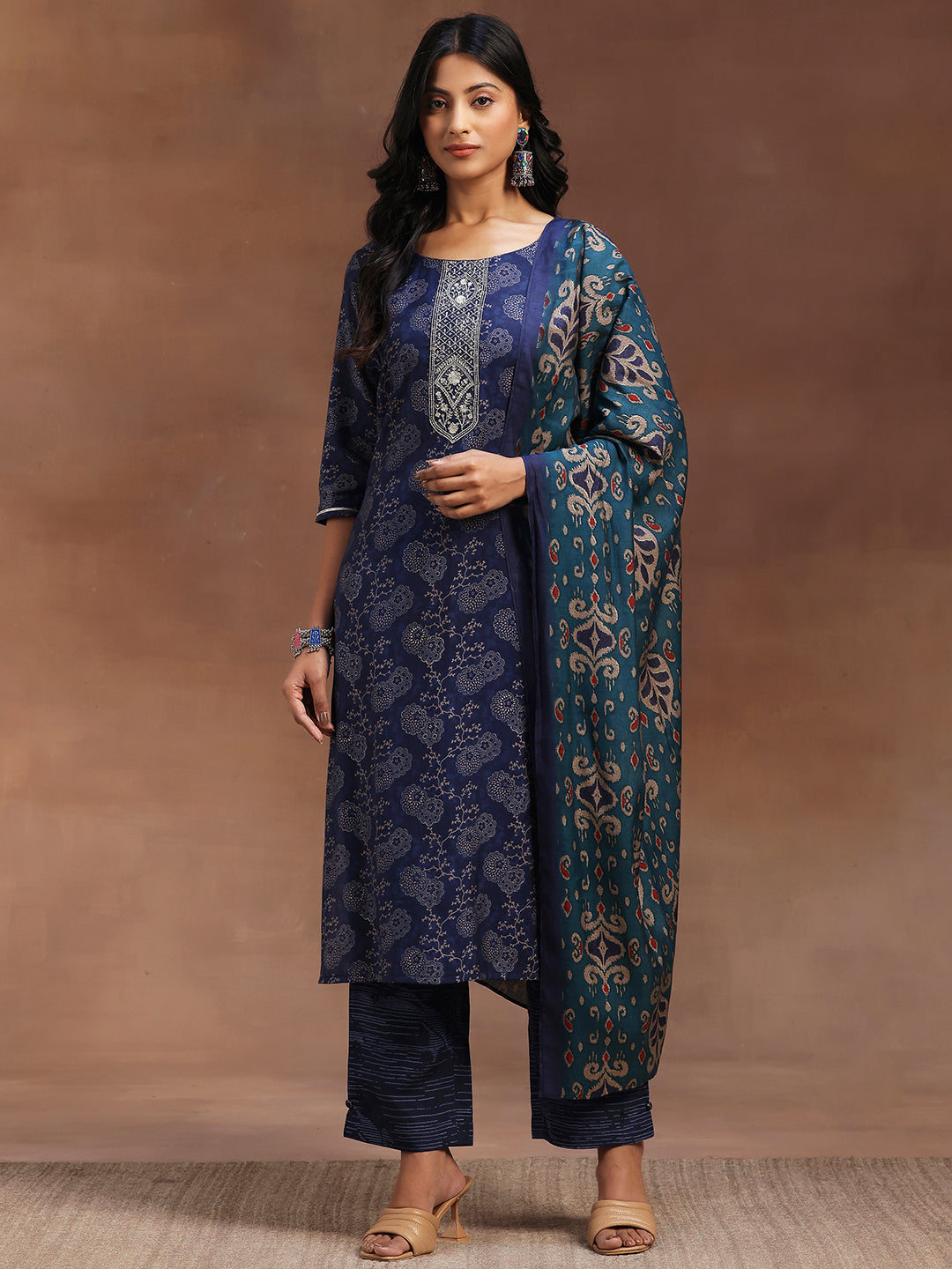 Blue Printed Silk Blend Straight Suit With Dupatta