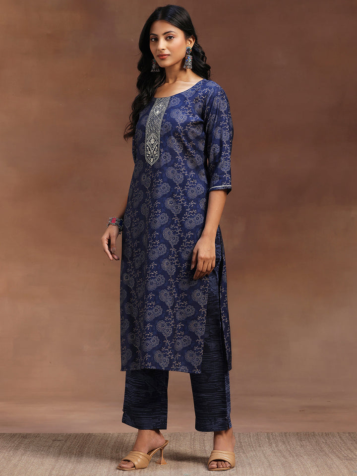 Blue Printed Silk Blend Straight Suit With Dupatta