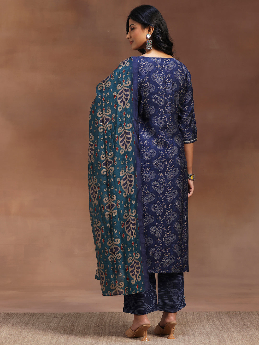 Blue Printed Silk Blend Straight Suit With Dupatta