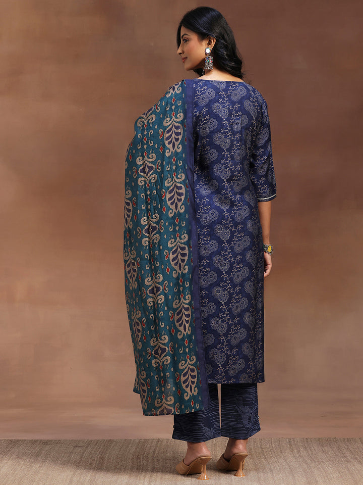 Blue Printed Silk Blend Straight Suit With Dupatta