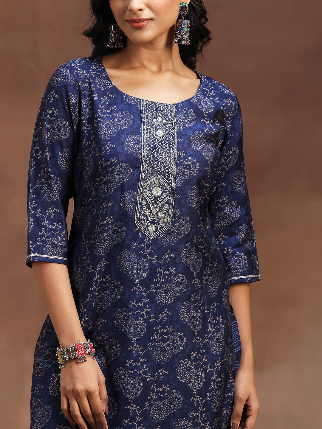 Blue Printed Silk Blend Straight Suit With Dupatta