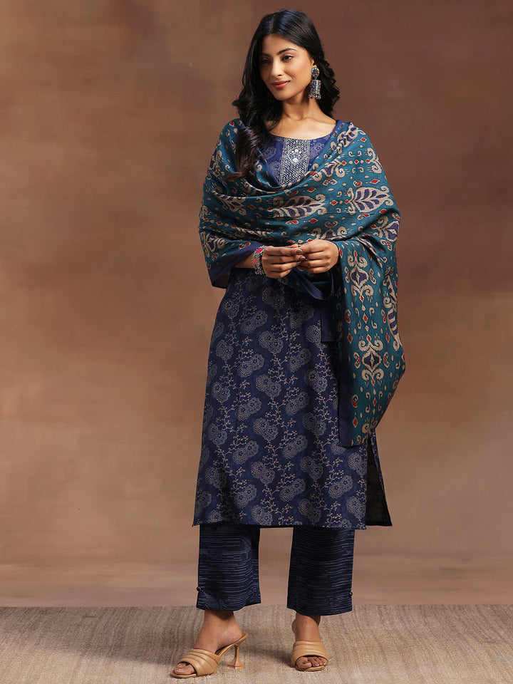 Blue Printed Silk Blend Straight Suit With Dupatta